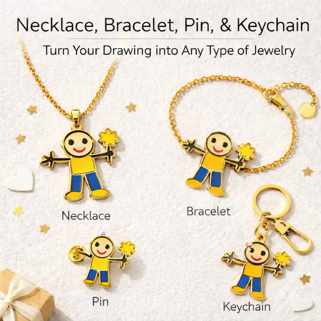 custom kids drawing necklace from artwork
personalized child drawing jewelry
drawing to necklace transformation
custom family drawing jewelry