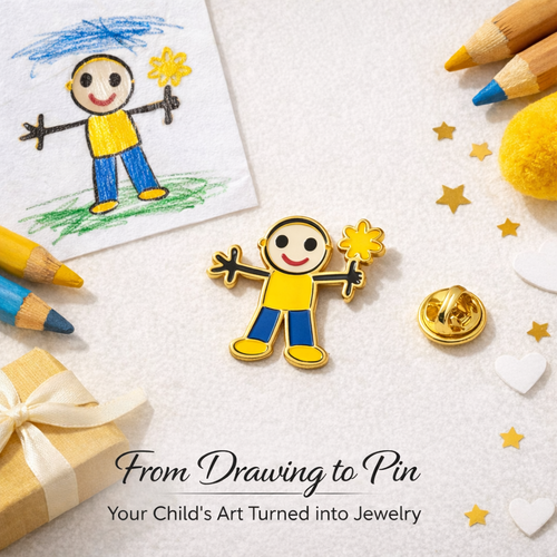 custom kids drawing pin from artwork
personalized child drawing jewelry
drawing to pin transformation
custom family drawing jewelry